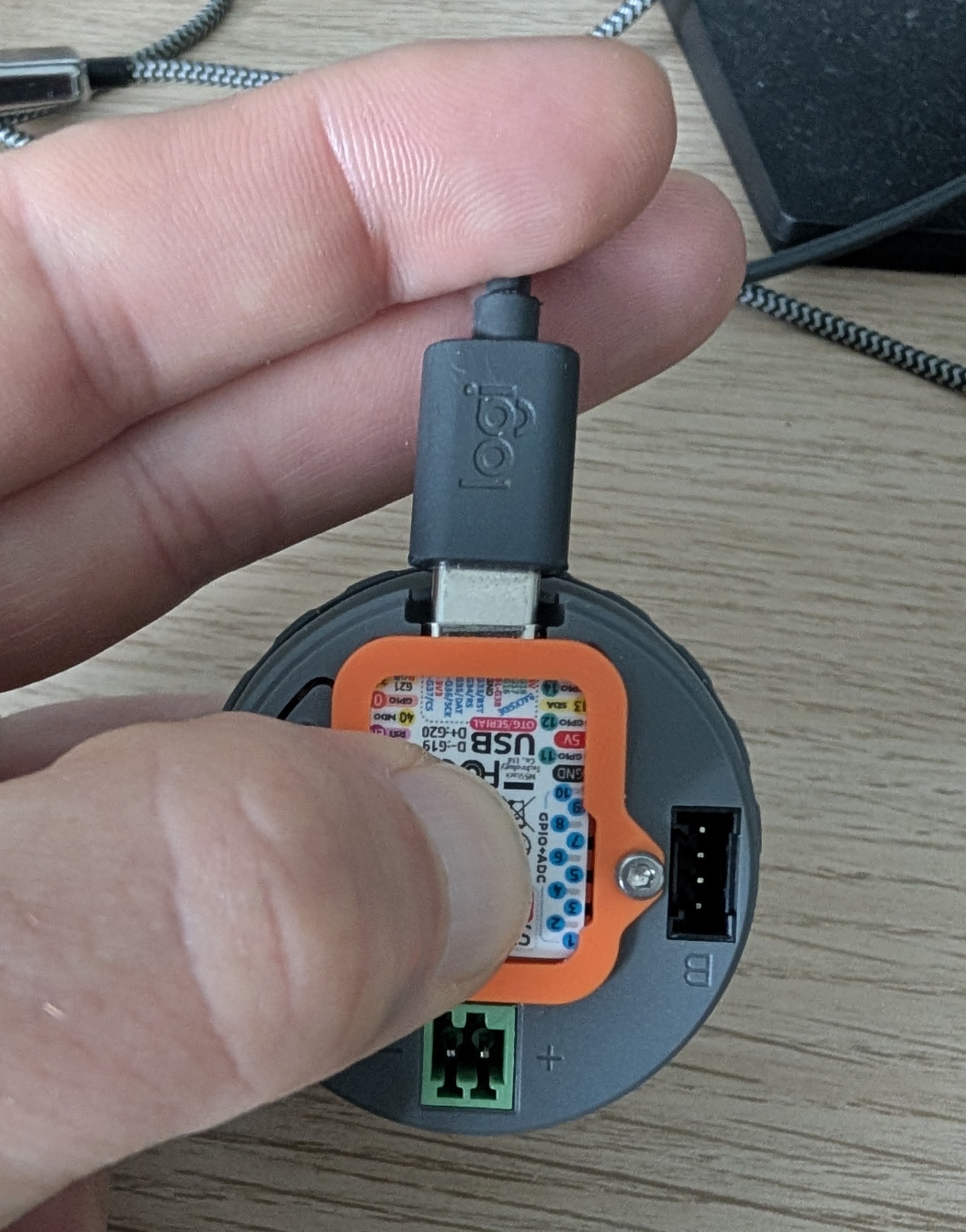 Rear of the M5Stack Dial with the G0 button held while USB-C is connected