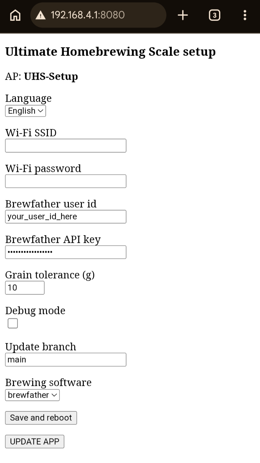 Smartphone browser showing the Ultimate Homebrewing Scale setup portal fields